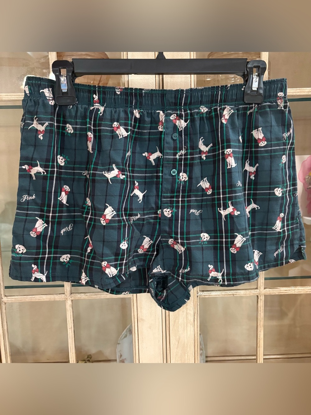 PINK Victoria's Secret Dark Green Plaid Pajama Boxer Shorts with Puppy Print